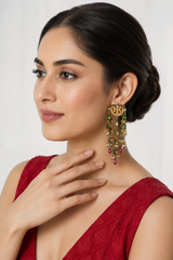 Gold-Plated Jaipuri Kundan Chandbali Tassel Earrings with Green & Ruby Drops