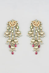 Gold-Plated Jaipuri Kundan Chandbali Tassel Earrings with Green & Ruby Drops