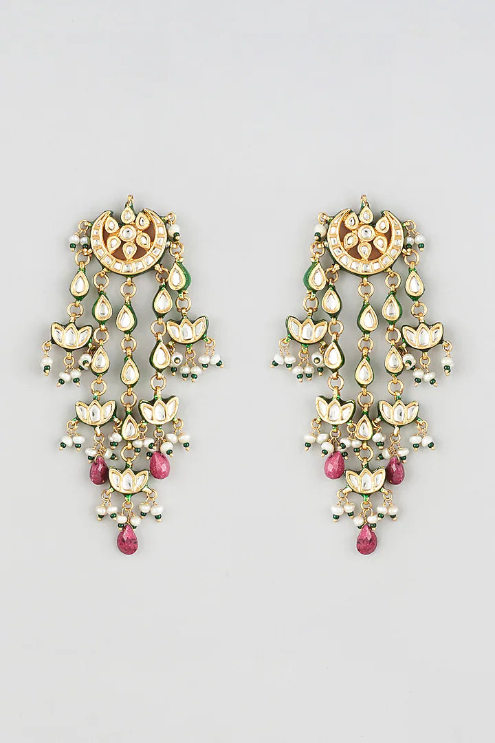 Gold-Plated Jaipuri Kundan Chandbali Tassel Earrings with Green & Ruby Drops