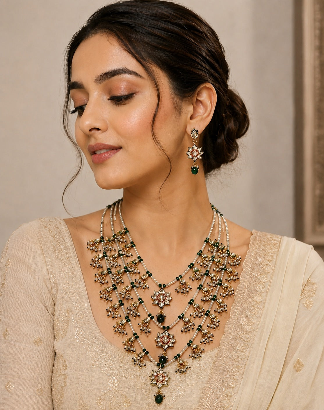 Layered Kundan & Emerald Beaded Necklace Set