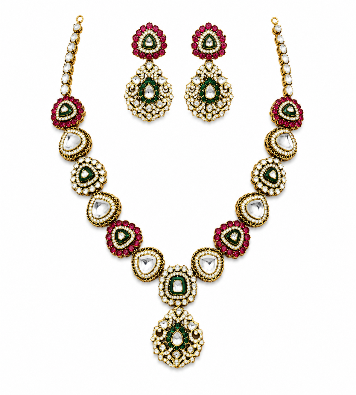Royal Moissanite Polki Necklace Set with Emerald & Ruby Accents