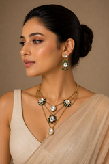 Emerald Kundan Layered Necklace Set with Drop Earrings
