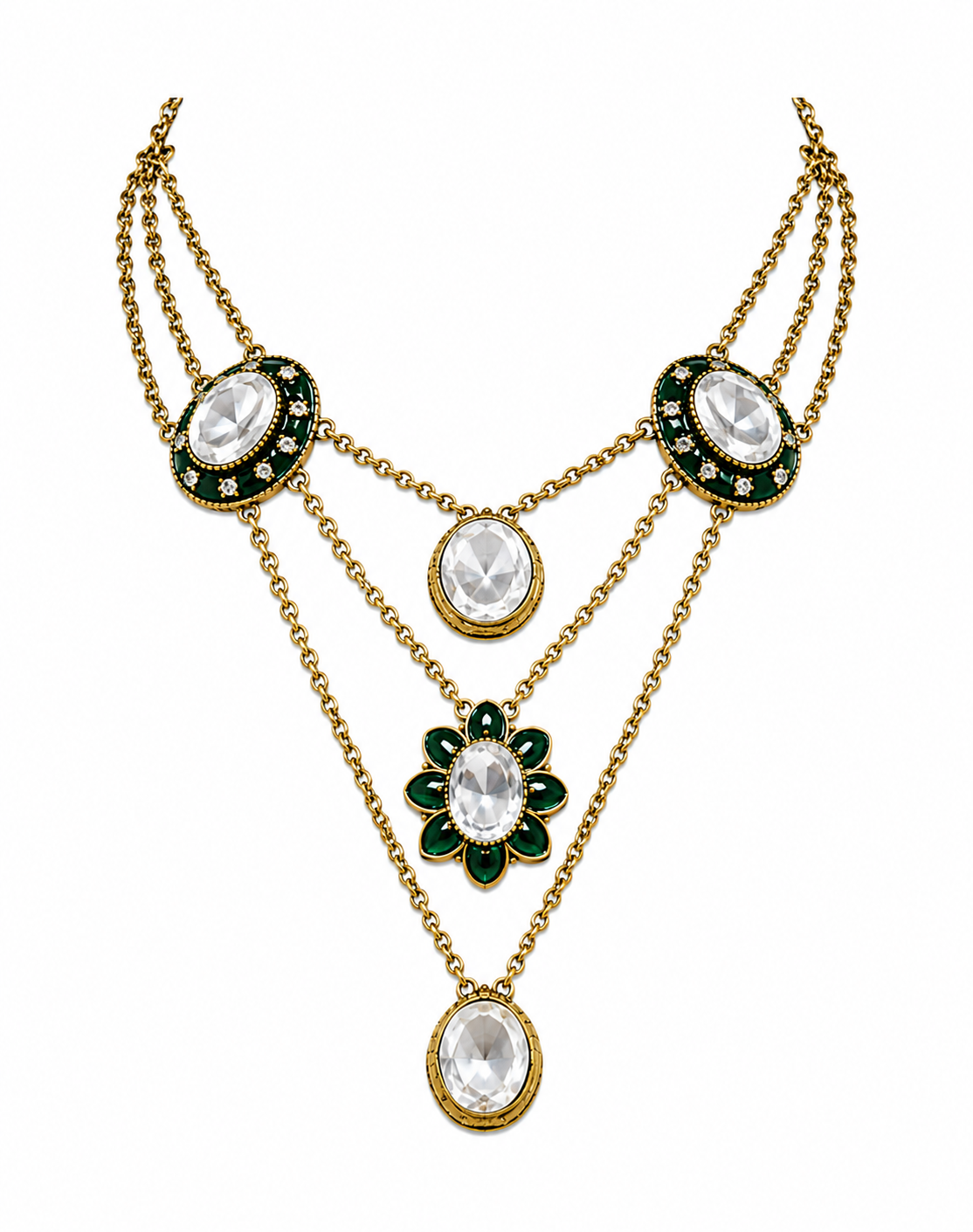 Emerald Kundan Layered Necklace Set with Drop Earrings