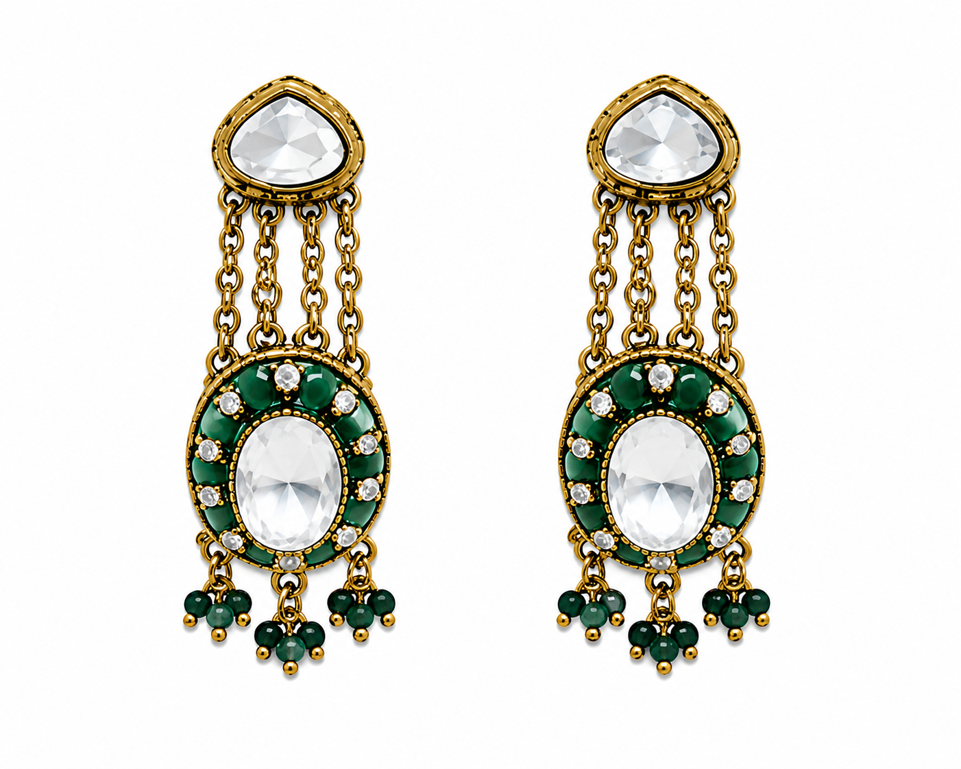 Emerald Kundan Layered Necklace Set with Drop Earrings