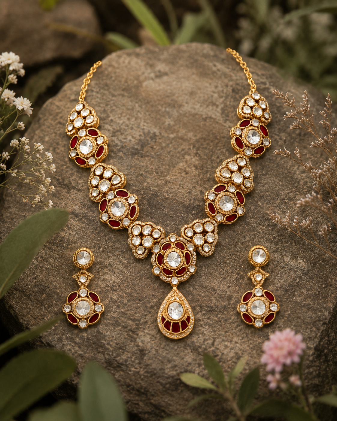 Ruby Kundan Choker Necklace Set with Drop Earrings