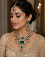 Emerald Green Bridal Polki Necklace Set with Maang Tikka & Statement Earrings