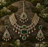 Emerald Green Bridal Polki Necklace Set with Maang Tikka & Statement Earrings