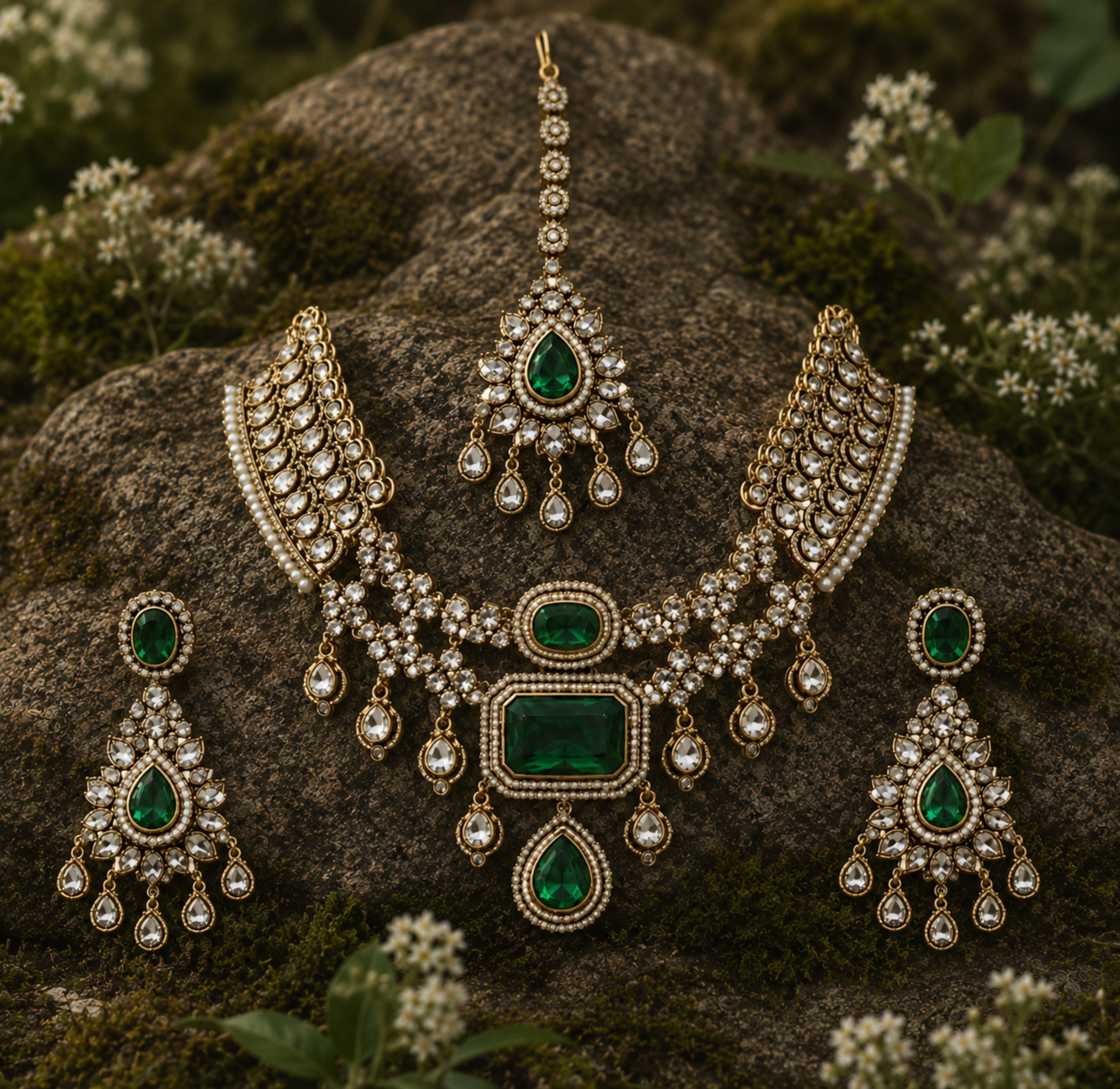 Emerald Green Bridal Polki Necklace Set with Maang Tikka & Statement Earrings