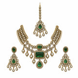 Emerald Green Bridal Polki Necklace Set with Maang Tikka & Statement Earrings