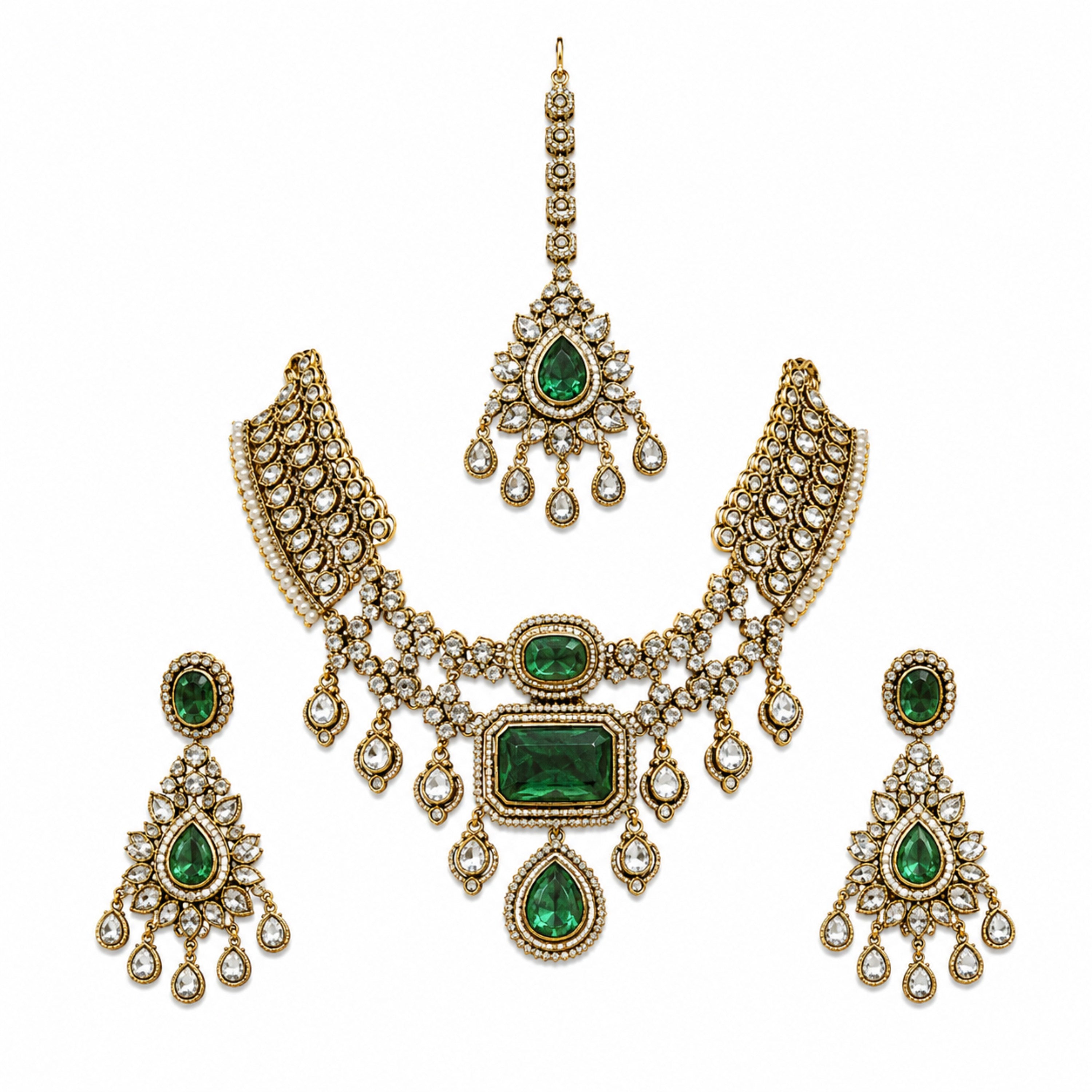 Emerald Green Bridal Polki Necklace Set with Maang Tikka & Statement Earrings