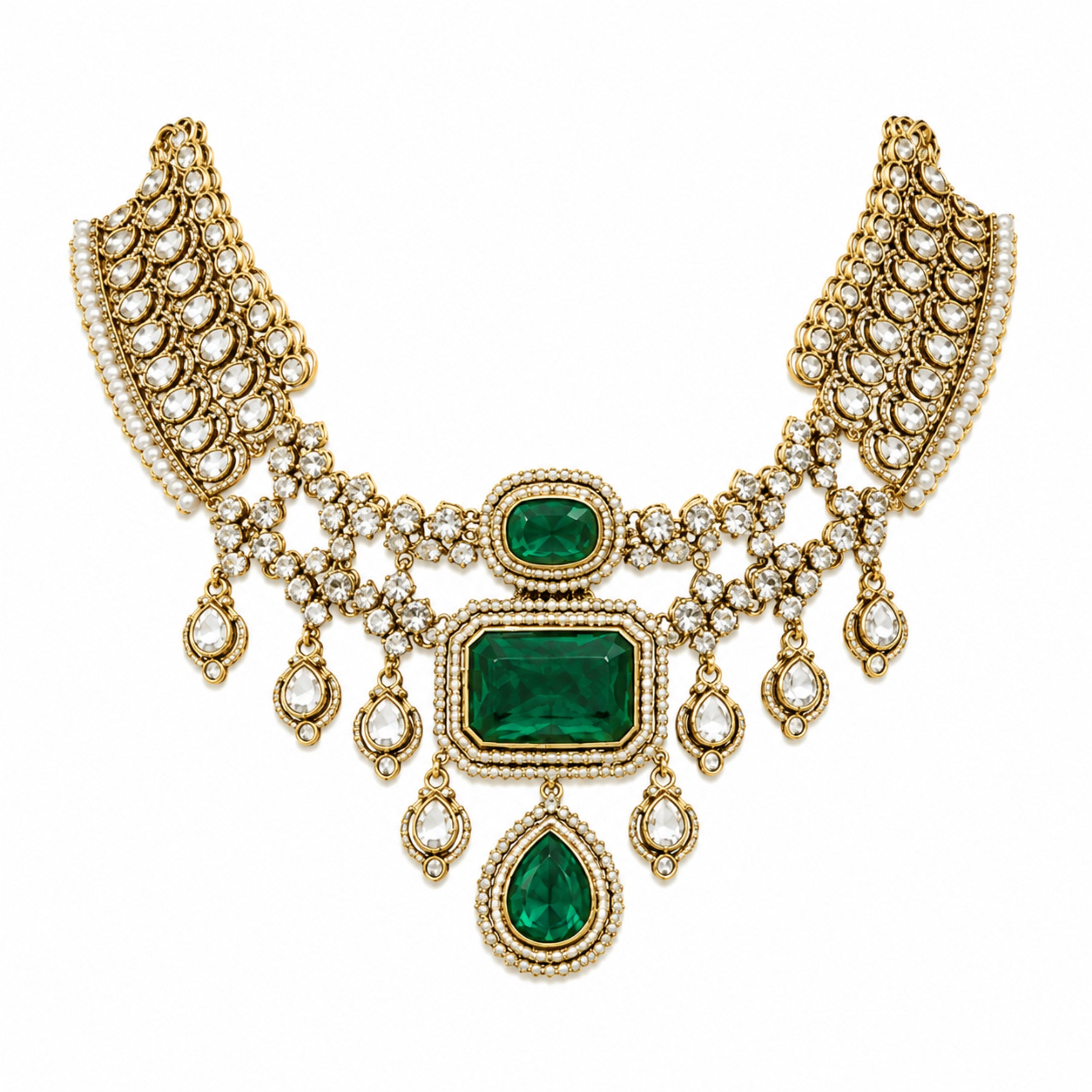 Emerald Green Bridal Polki Necklace Set with Maang Tikka & Statement Earrings