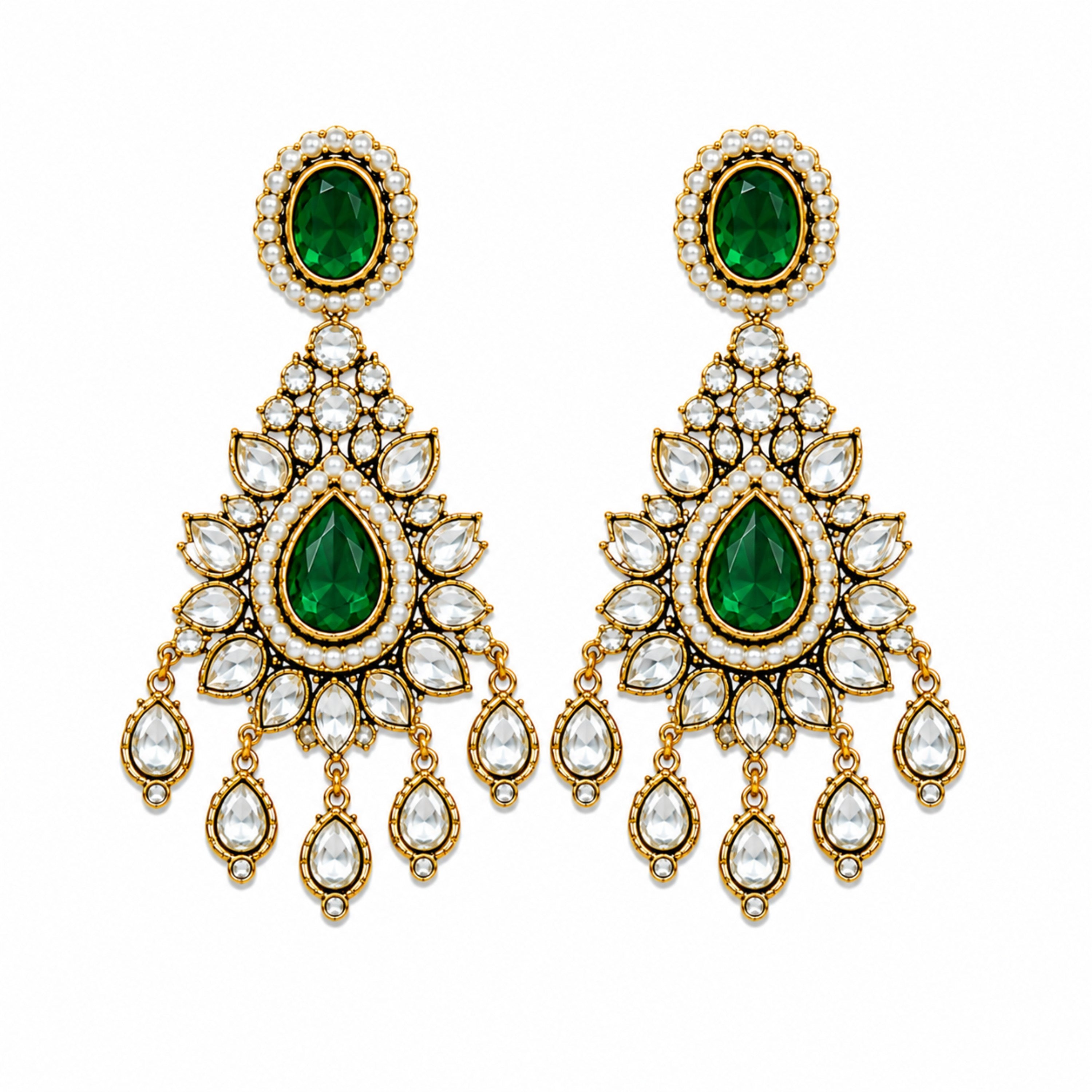 Emerald Green Bridal Polki Necklace Set with Maang Tikka & Statement Earrings