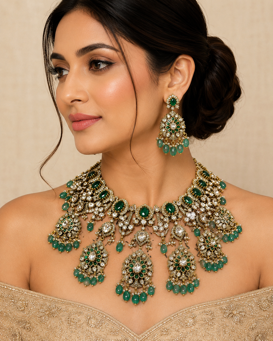 Luxurious Moissanite bridal choker necklace set featuring sparkling stones, emerald green accents, intricate floral motifs, and matching statement earrings for a regal wedding look.