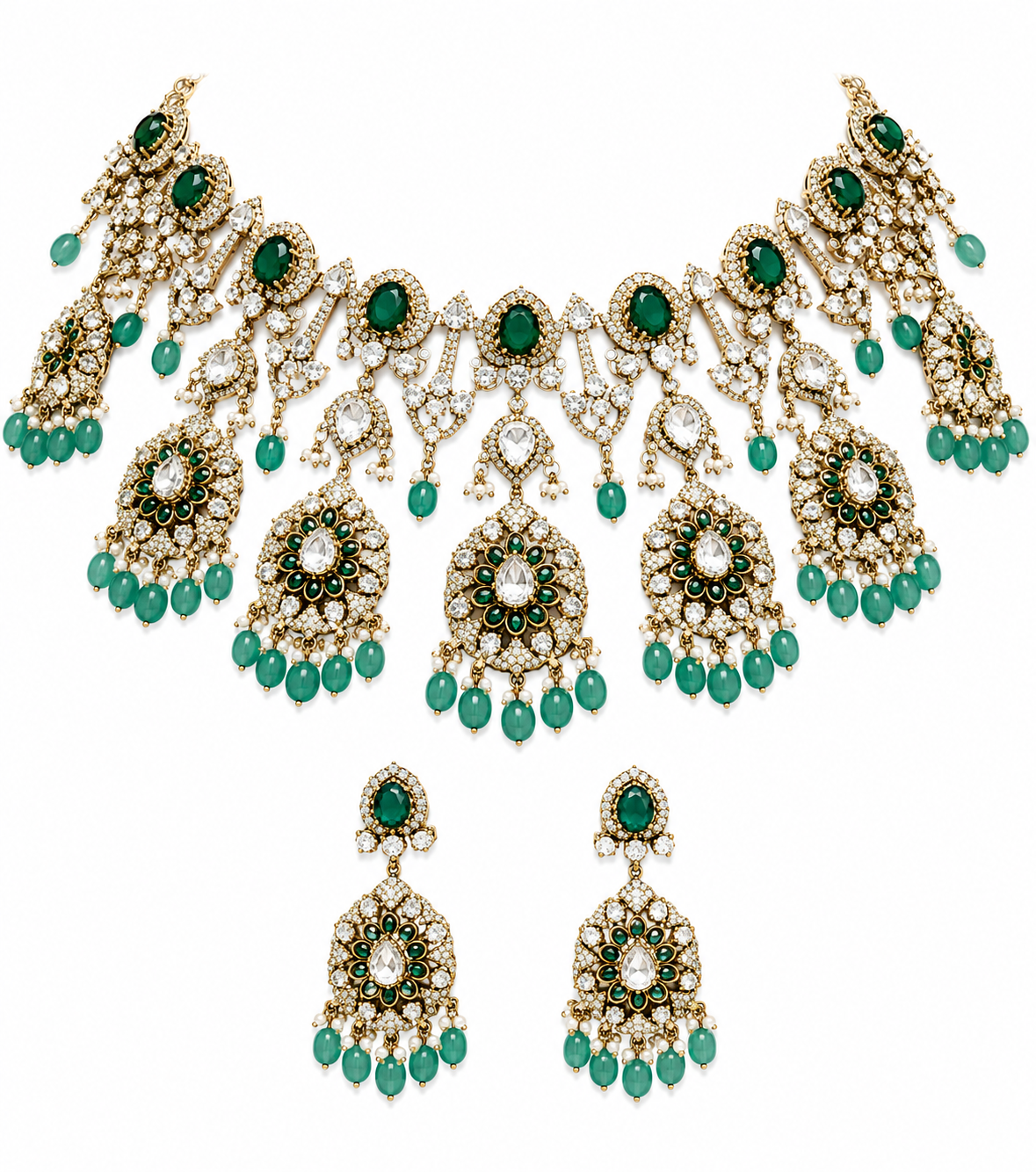 Luxurious Moissanite bridal choker necklace set featuring sparkling stones, emerald green accents, intricate floral motifs, and matching statement earrings for a regal wedding look.