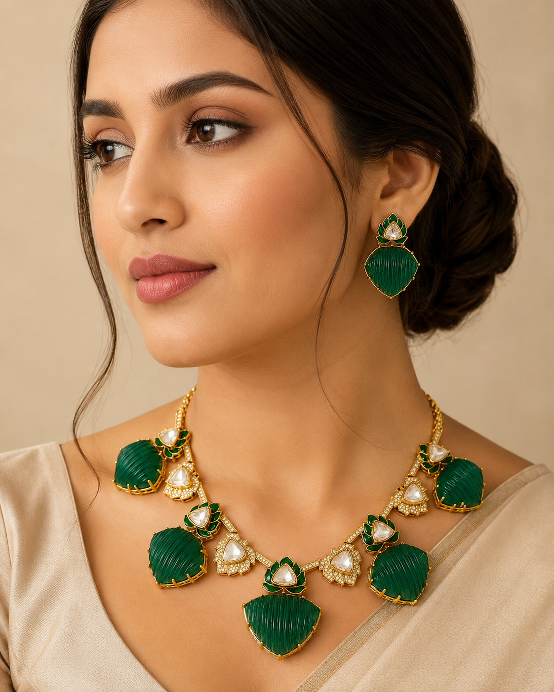 Emerald Green Kundan Lotus Statement Necklace Set with Earrings