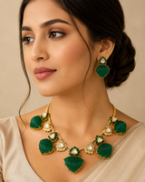 Emerald Green Kundan Lotus Statement Necklace Set with Earrings