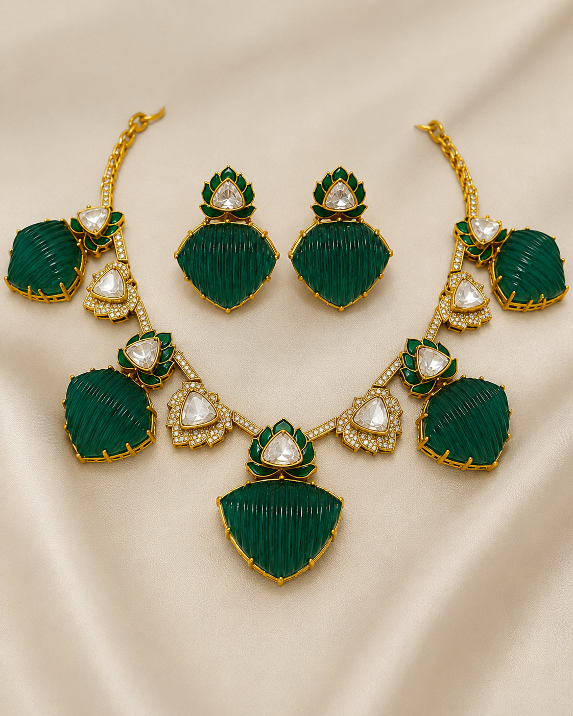 Emerald Green Kundan Lotus Statement Necklace Set with Earrings