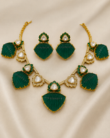 Emerald Green Kundan Lotus Statement Necklace Set with Earrings