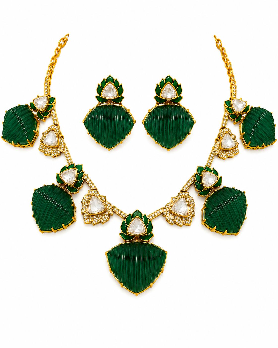 Emerald Green Kundan Lotus Statement Necklace Set with Earrings