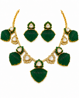 Emerald Green Kundan Lotus Statement Necklace Set with Earrings