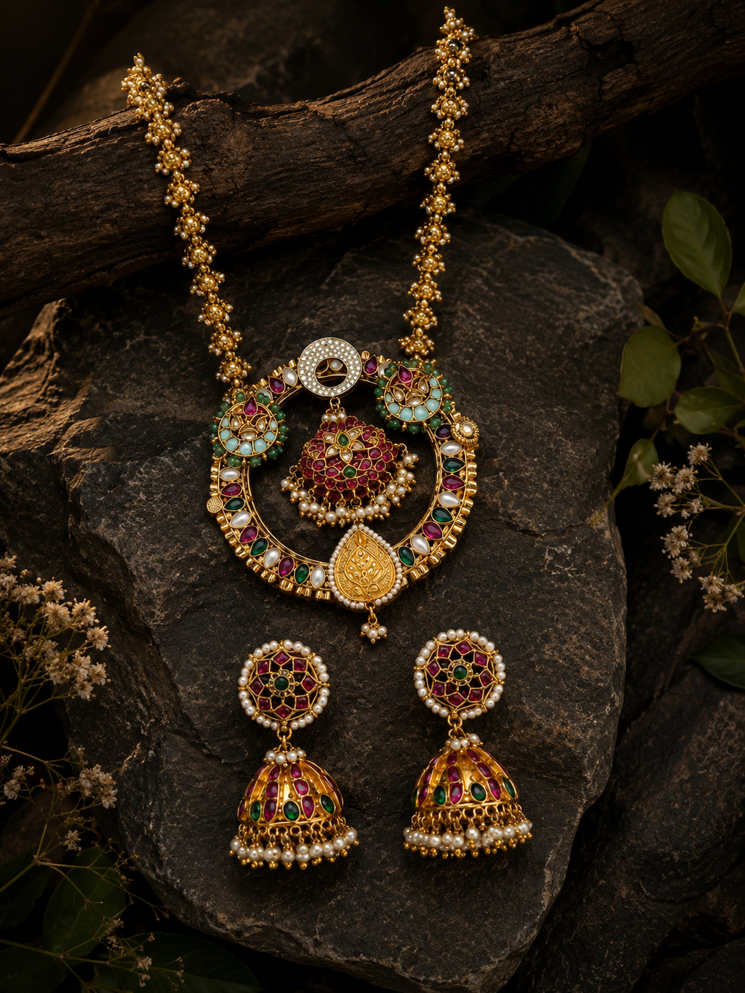 Heritage Polki Long Pendant Necklace & Jhumka Set