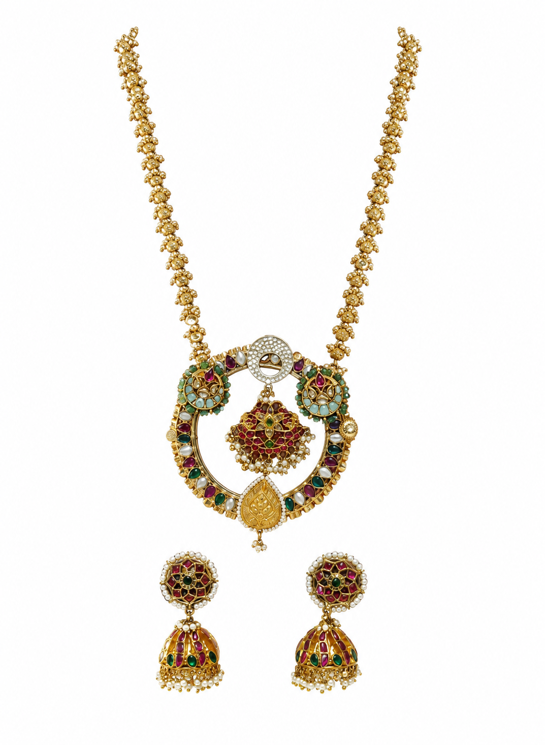 Heritage Polki Long Pendant Necklace & Jhumka Set