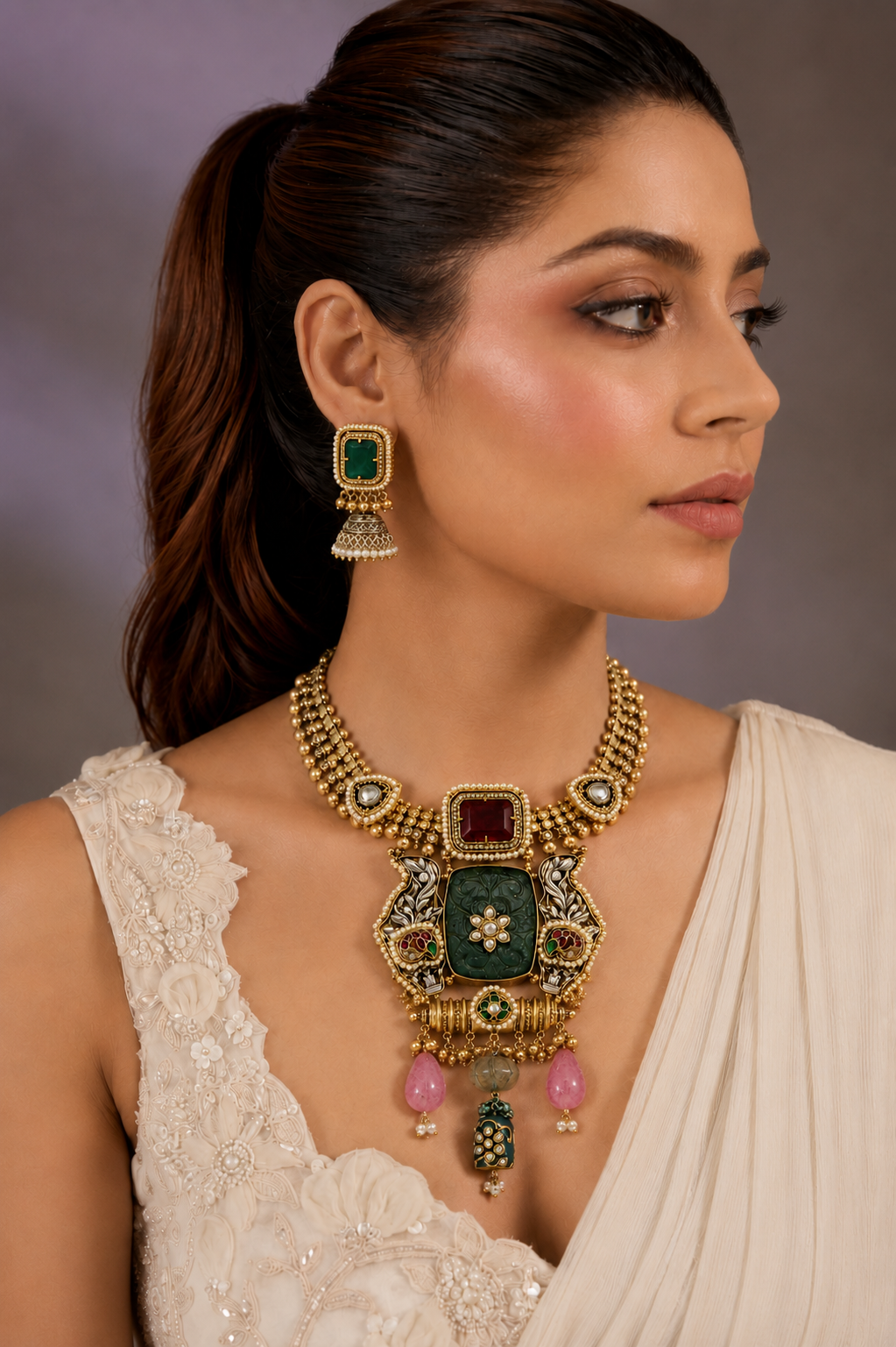 Green Carved Stone Statement Necklace Set with Designer Earrings