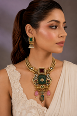 Green Carved Stone Statement Necklace Set with Designer Earrings