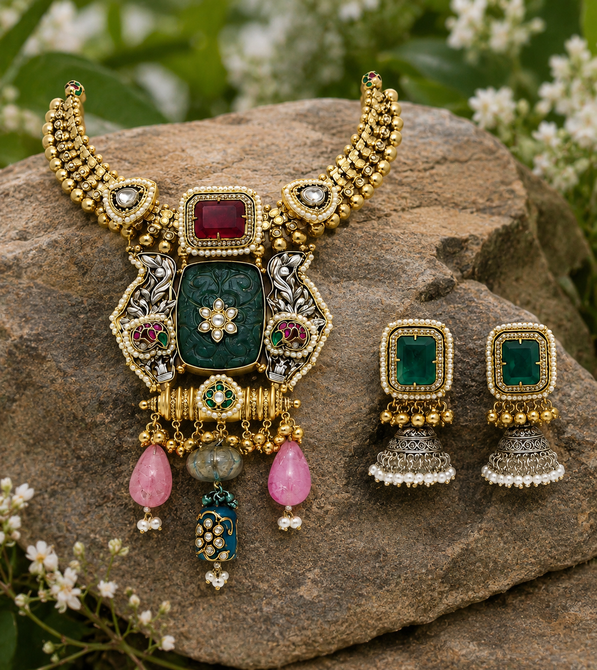 Green Carved Stone Statement Necklace Set with Designer Earrings