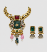 Green Carved Stone Statement Necklace Set with Designer Earrings