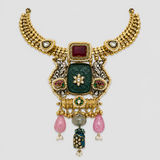 Green Carved Stone Statement Necklace Set with Designer Earrings