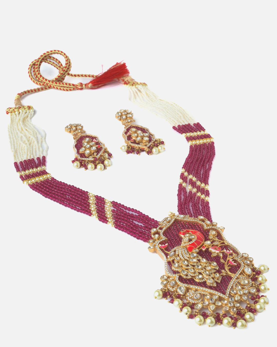 Moissanite Polki Ruby Peacock Beaded Statement Necklace Set
