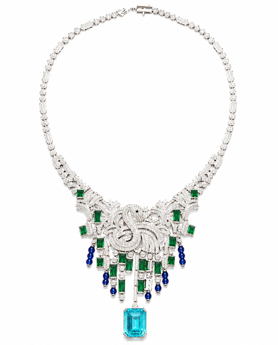 Emerald Sapphire Swan Diamond Statement Necklace Set