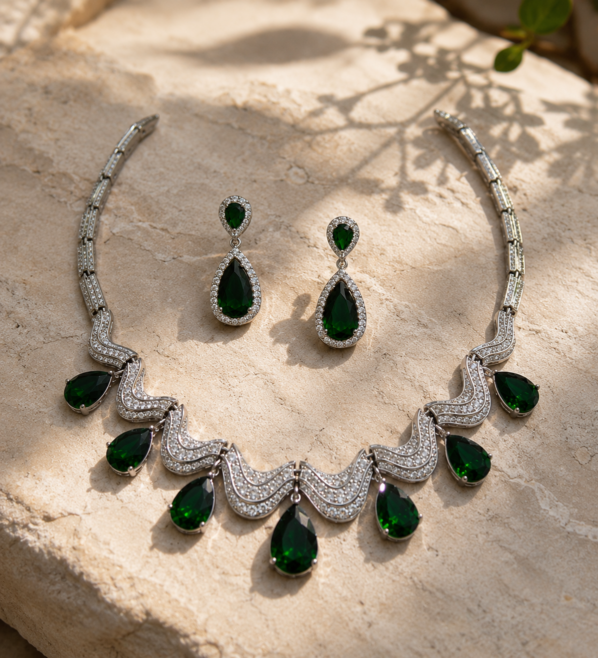 Emerald Teardrop Necklace Set with Drop Earrings
