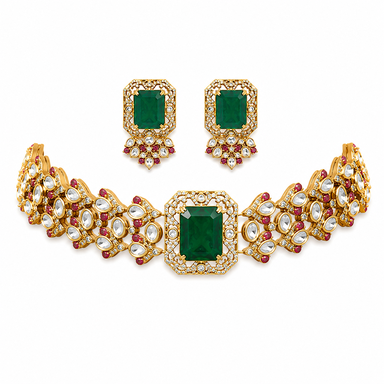 Emerald Green Polki Choker Necklace Set with Statement Earrings