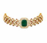 Emerald Green Polki Choker Necklace Set with Statement Earrings