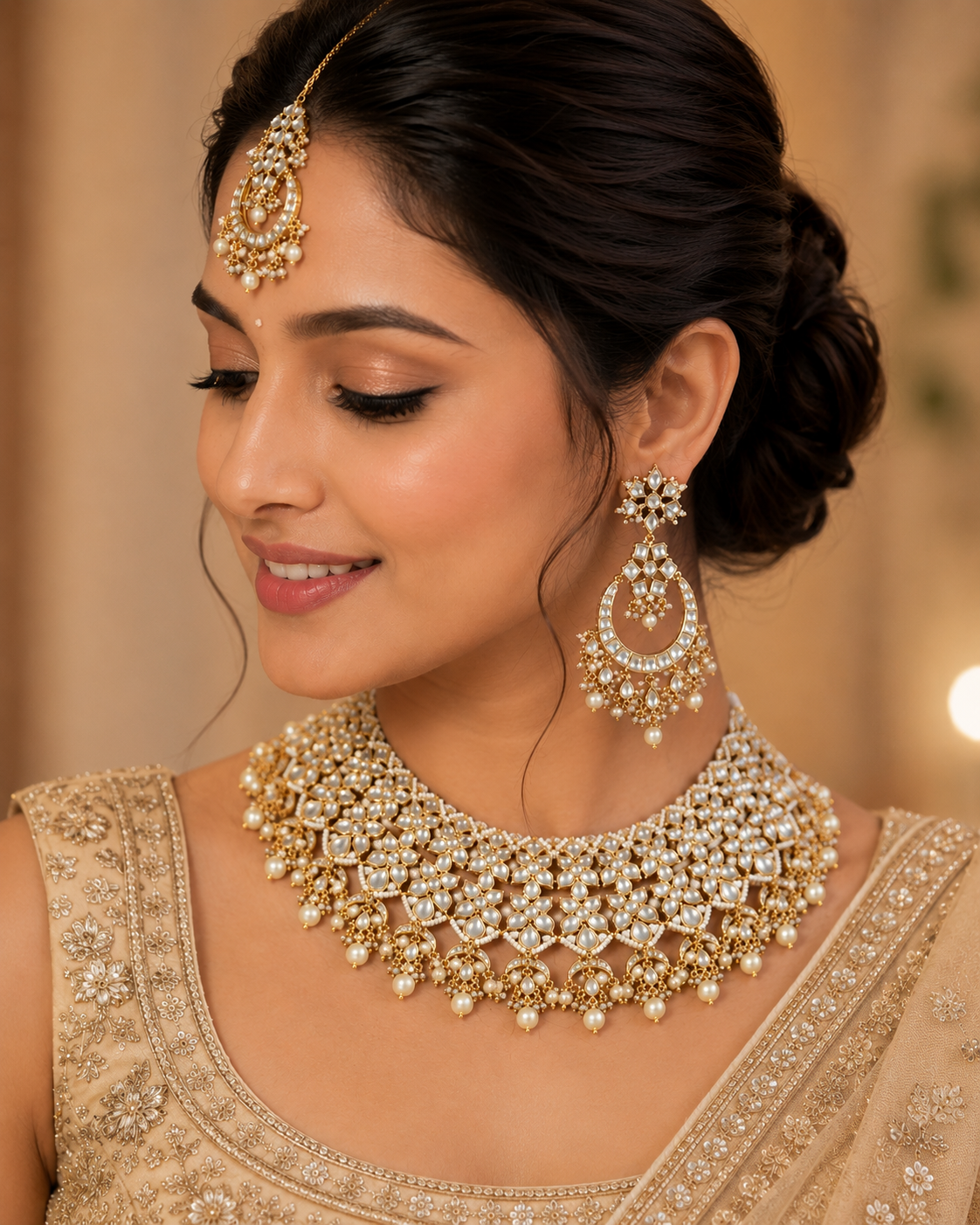 Royal Jaipuri Kundan Pearl Floral Choker Necklace Set with Chandbali Earrings & Maang Tikka