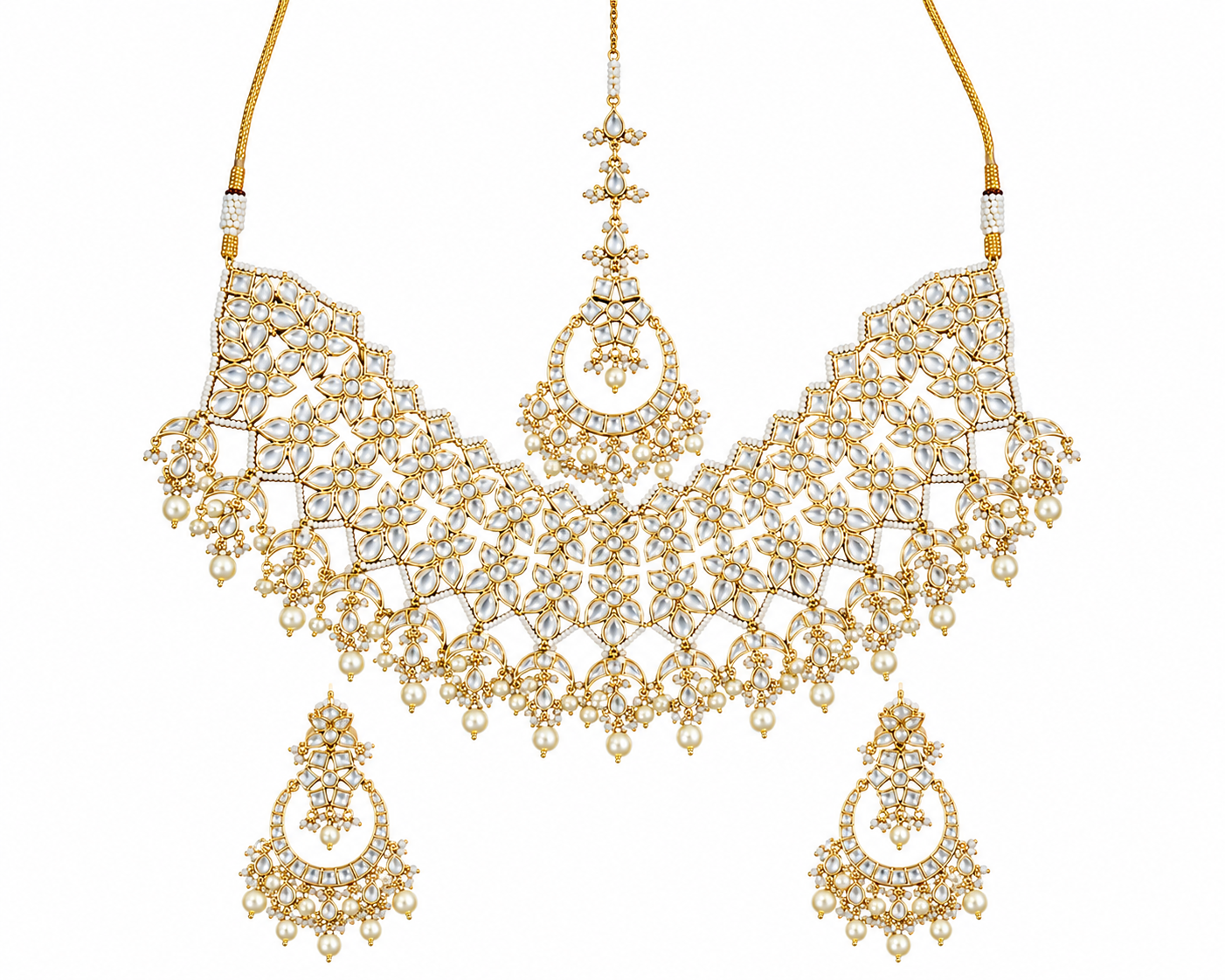Royal Jaipuri Kundan Pearl Floral Choker Necklace Set with Chandbali Earrings & Maang Tikka