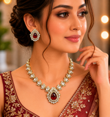 Ruby Red Jaipuri Kundan Statement Necklace Set with Matching Earrings