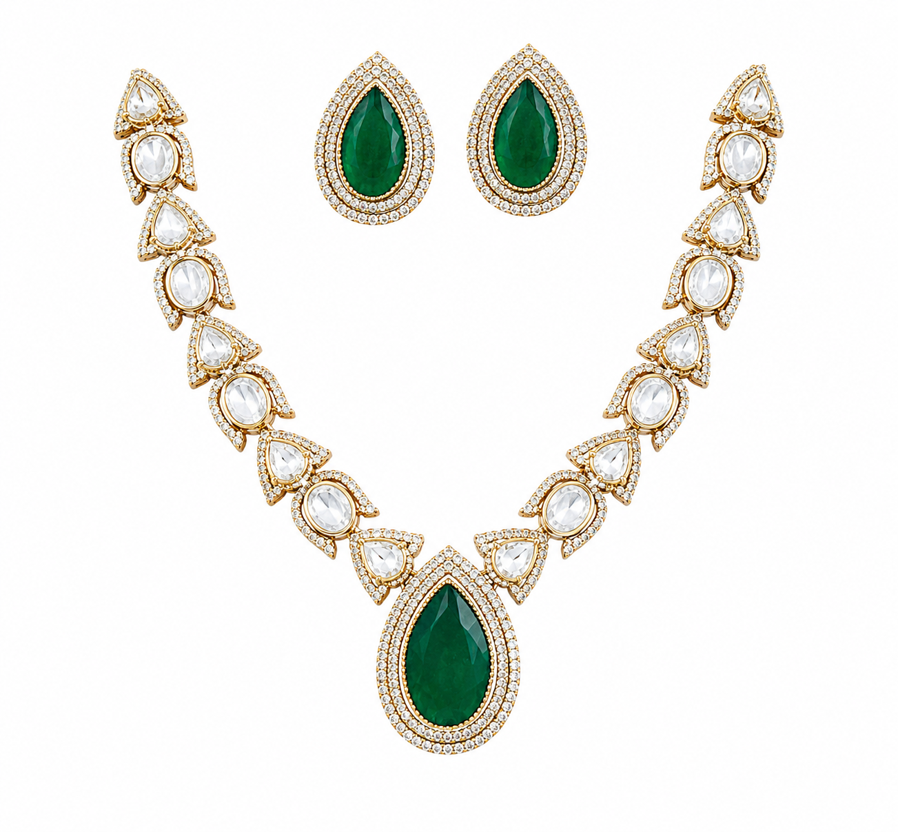 Emerald Green Moissanite Polki Teardrop Pendant Jaipuri Kundan Necklace Set with Statement Earrings