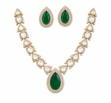 Emerald Green Moissanite Polki Teardrop Pendant Jaipuri Kundan Necklace Set with Statement Earrings