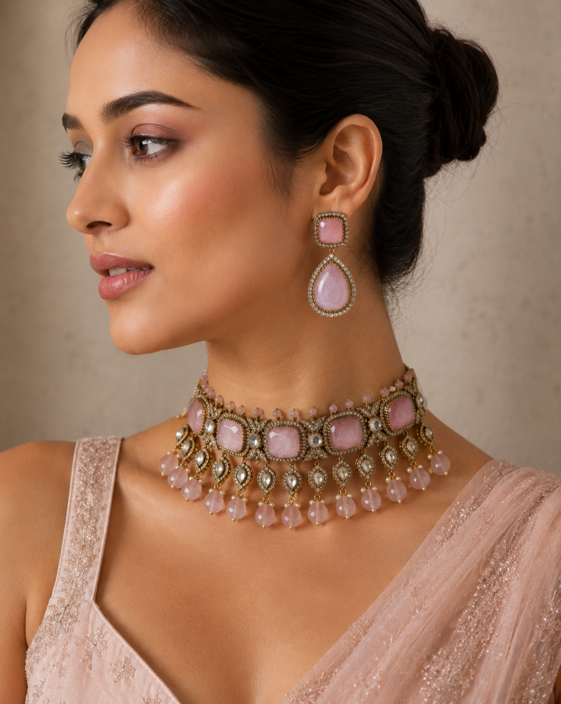 Pastel Pink Polki Choker Set