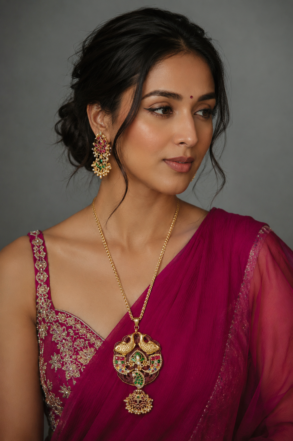 Peacock Heritage Temple Pendant Necklace with Multicolor Stones