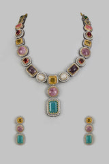 Multicolor Gemstone Statement Necklace Set with Designer Earrings