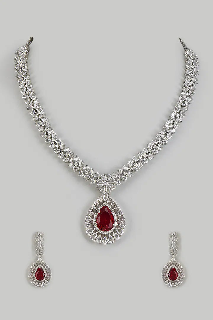 Ruby Red Teardrop Cubic Zirconia  Look Necklace Set with Statement Earrings