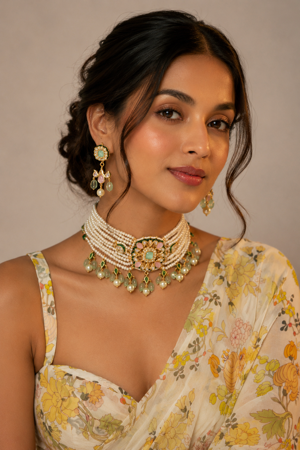 Royal Navratna Jaipuri Kundan Floral Choker Set with Pearl Drops