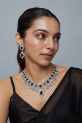 vivinia BY VIDHI MEHRA Zia Silver Plated Green Womens Zircon Short Necklace Set with Pair of Earrings (Freesize)