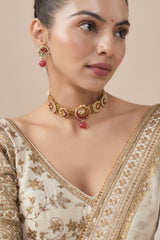 Morpankh Gold Plated Pink Womens Beaded Choker Necklace Set with Pair of Earrings (Freesize)