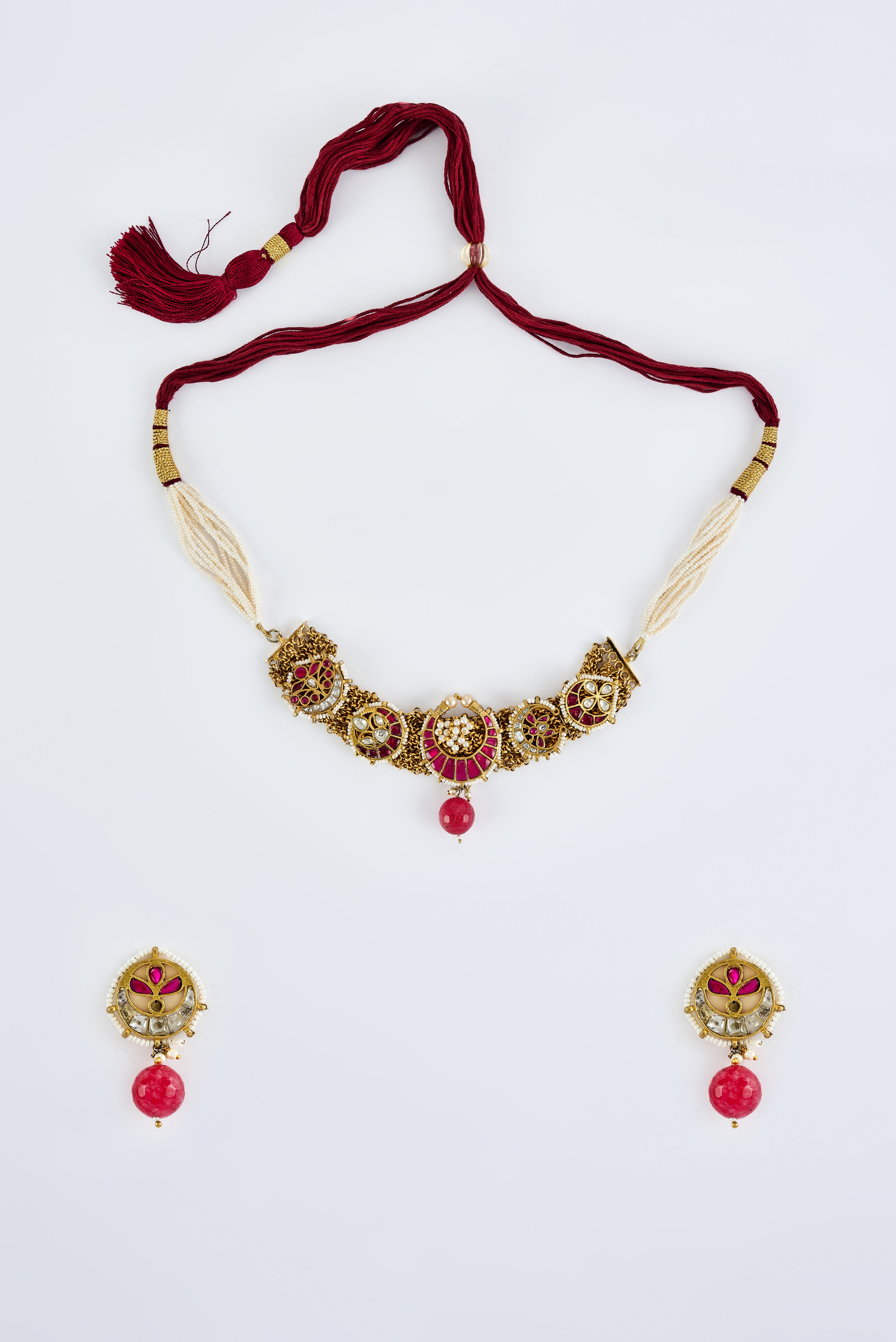 Morpankh Gold Plated Pink Womens Beaded Choker Necklace Set with Pair of Earrings (Freesize)