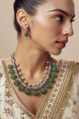 Florence Green Womens Kundan, Polki Short Necklace Set with Pair of Earrings (Freesize)